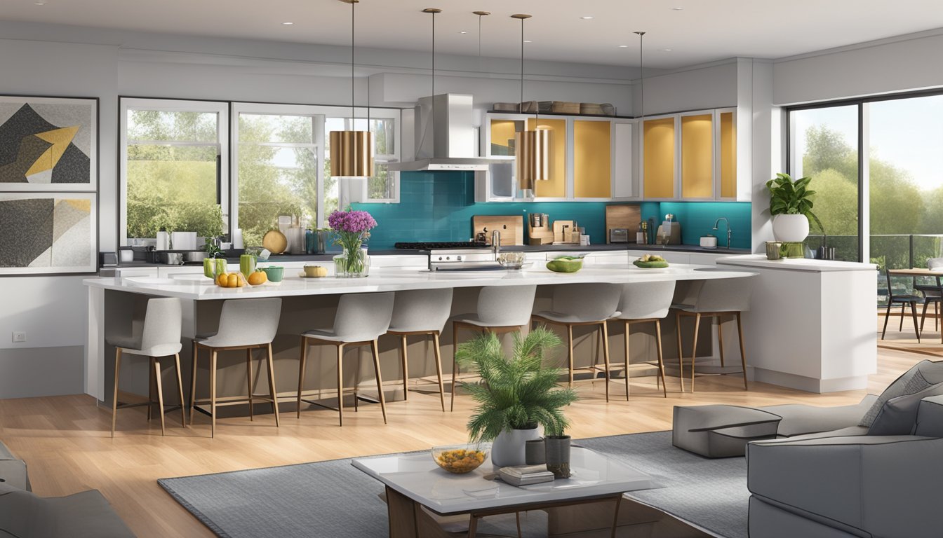 A modern, open-concept living space with floor-to-ceiling windows, sleek furniture, and pops of vibrant color. The kitchen features stainless steel appliances and a spacious island for entertaining