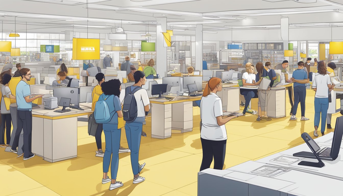 A busy customer service desk at Ikea, with people lining up to ask questions about renovations. Catalogs and brochures are scattered around the area