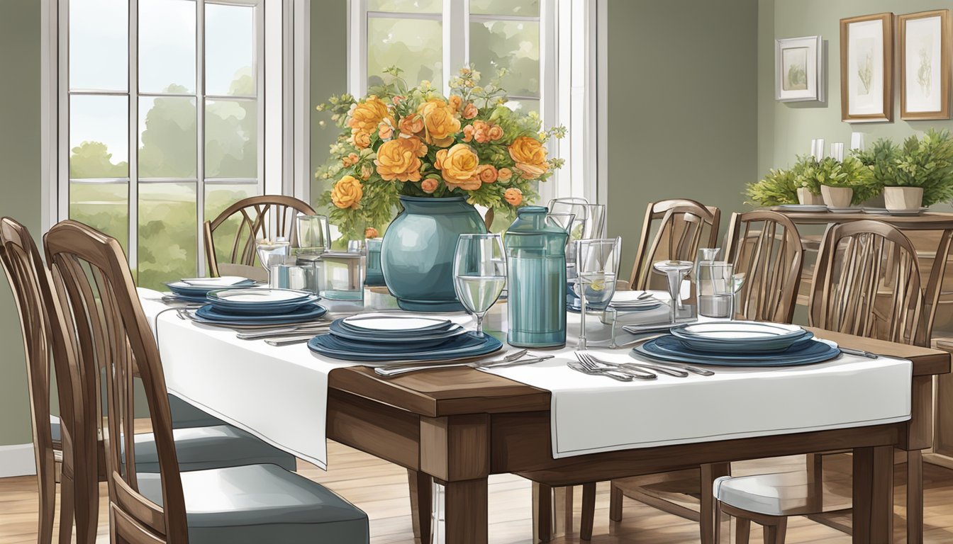 A dining table is set with a bench alongside, adorned with place settings and a centerpiece