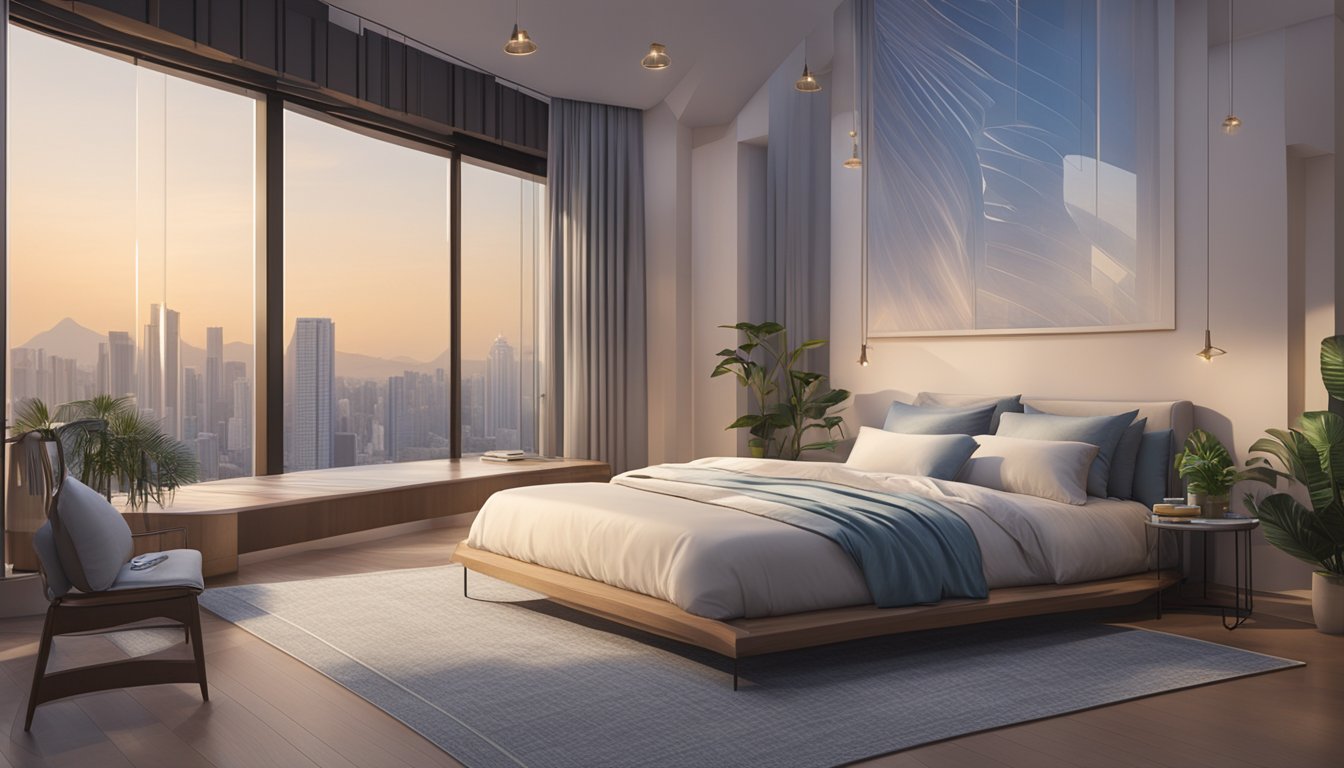 A serene bedroom with a latex mattress, adorned with soft, inviting bedding, set against a backdrop of modern Singaporean architecture