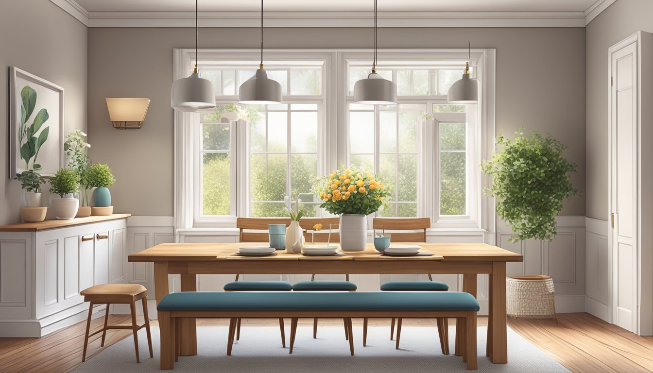 A cozy dining room with a modern wooden table, matching bench, and comfortable chairs. Soft lighting and a vase of flowers create a welcoming atmosphere