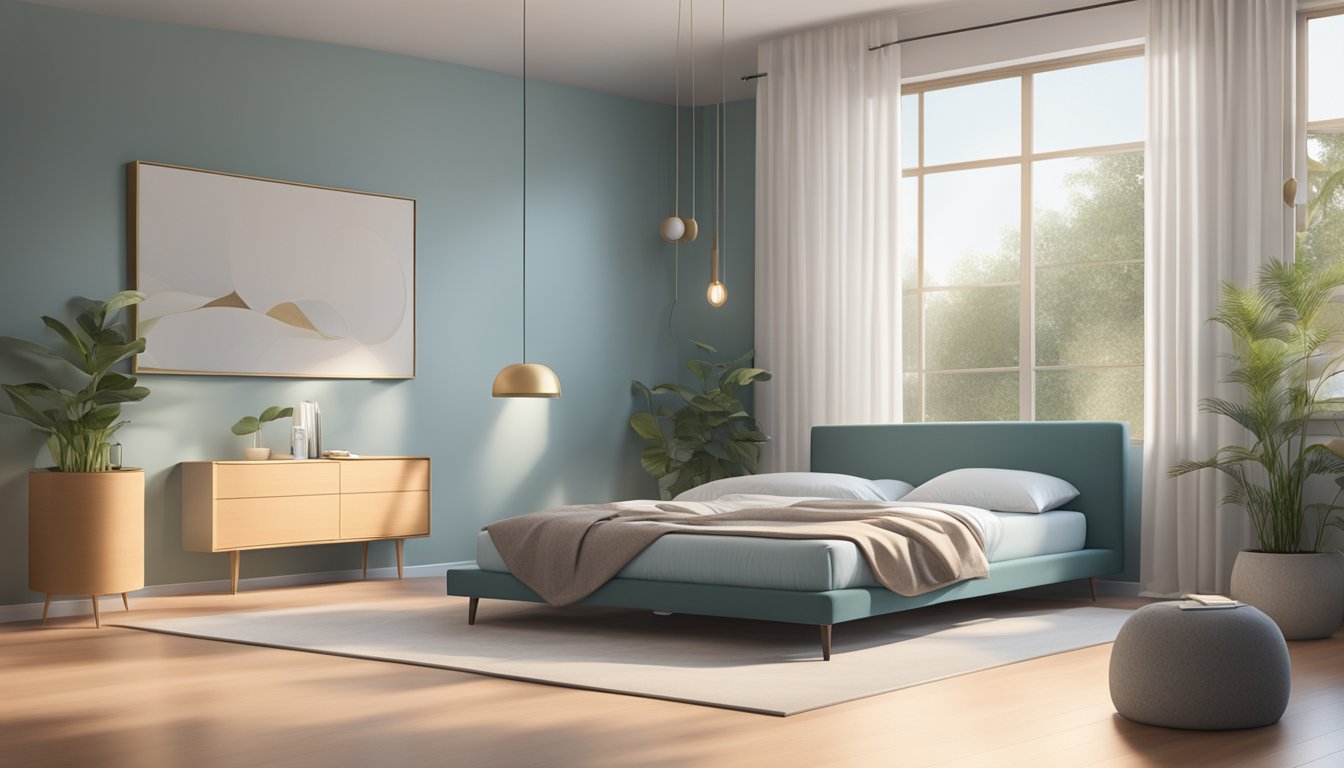 A person lying on a comfortable latex mattress, surrounded by a serene and minimalist bedroom setting