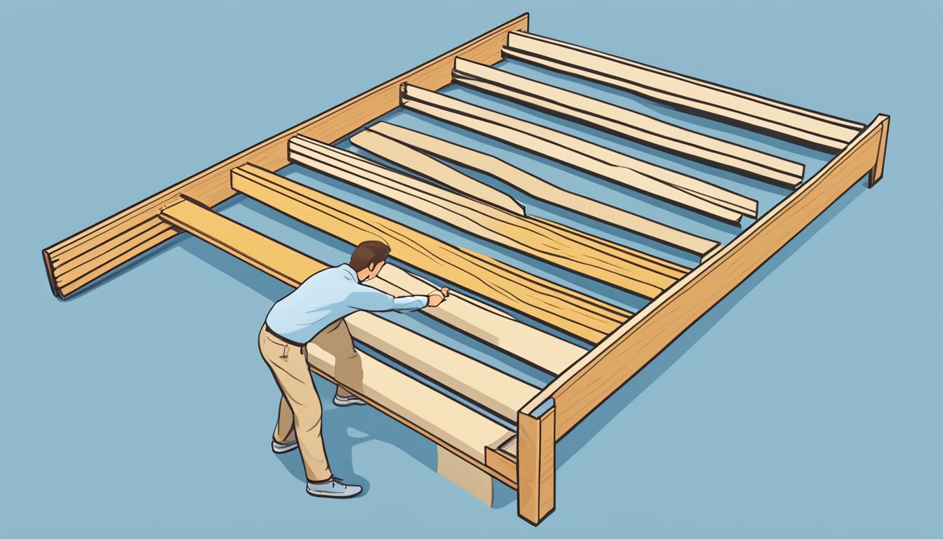 A person holds different slats to measure against a king-sized bed frame, considering the right fit and support