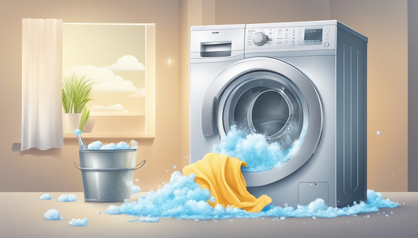 A washing machine agitating clothes with suds and water
