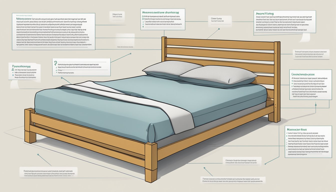 A king-sized bed with slats arranged evenly, accompanied by a list of frequently asked questions