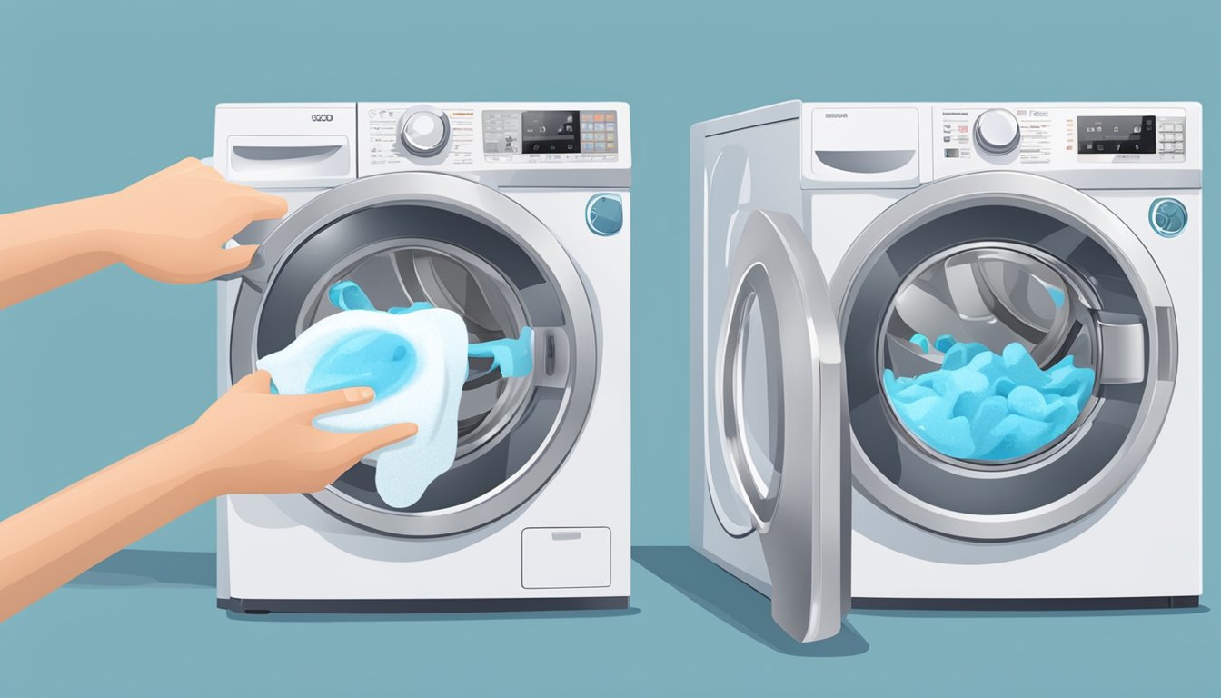 A hand pours detergent into a washing machine, closes the lid, and presses the start button