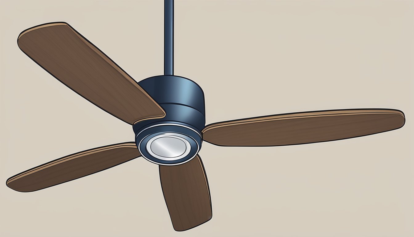 A ceiling fan hangs from the center of a room, with four wooden blades and a sleek, modern design. The price tag is prominently displayed, indicating the cost