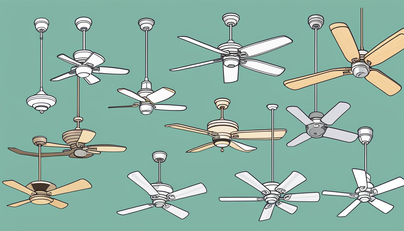 A variety of ceiling fan types displayed with price tags, showcasing different motor efficiencies