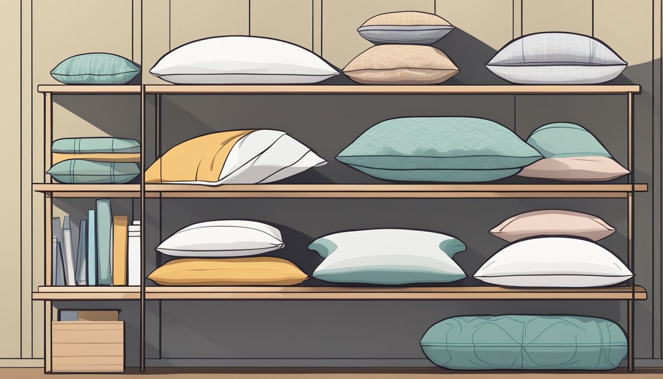 A variety of pillows in different sizes and types arranged neatly on a bed or displayed on a shelf