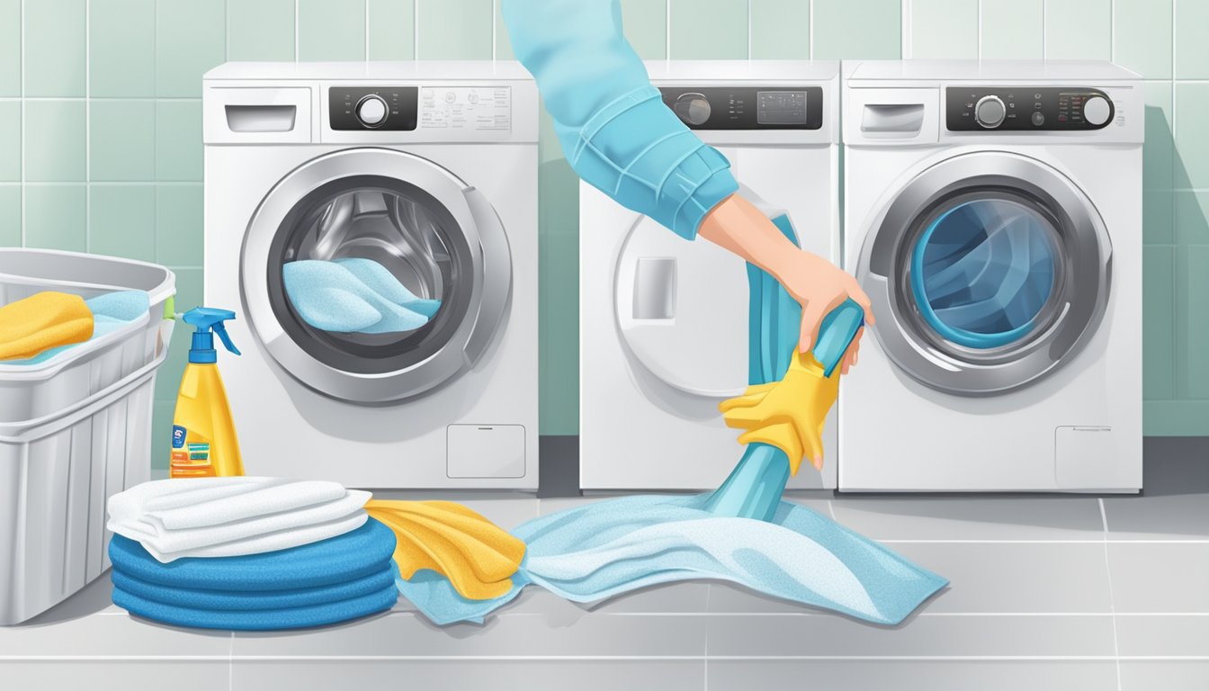 A person pouring white vinegar into the detergent compartment of a washing machine, while wiping the rubber seal with a cloth