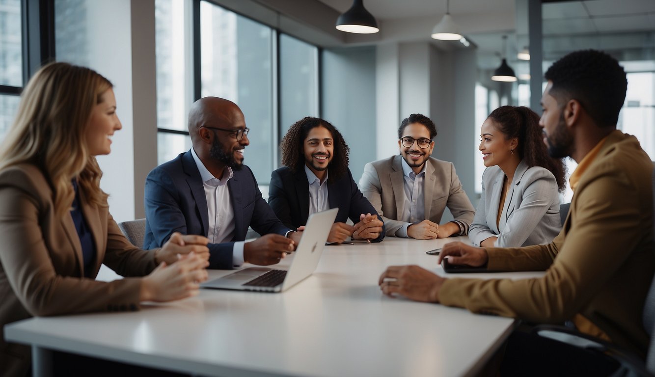 A virtual meeting with diverse participants discussing ideas and collaborating, engaged and communicating effectively