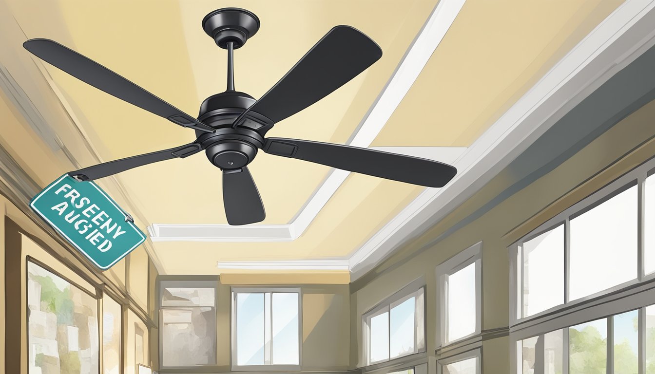 A ceiling fan hangs from a high ceiling, with a price tag and a "Frequently Asked Questions" sign nearby