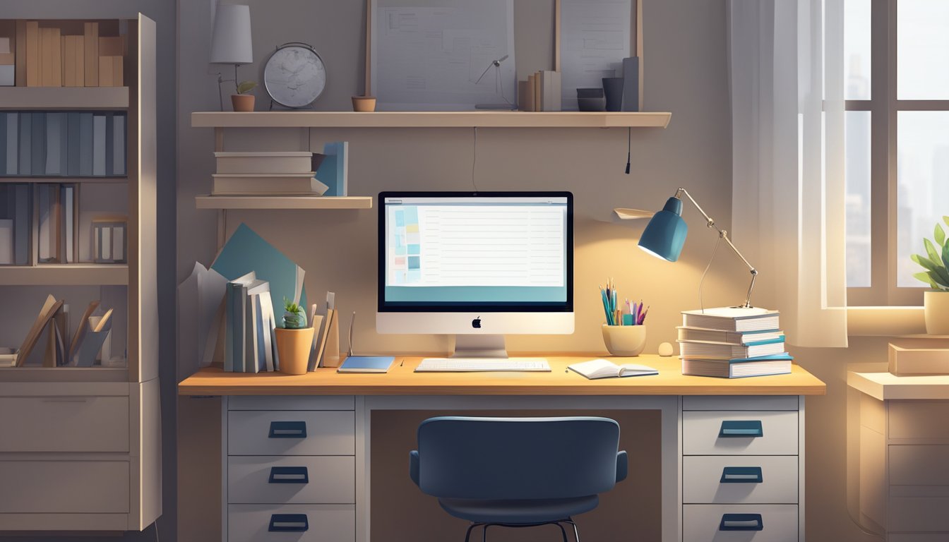 A study table with drawers sits against the wall, cluttered with books and papers. A desk lamp illuminates the workspace