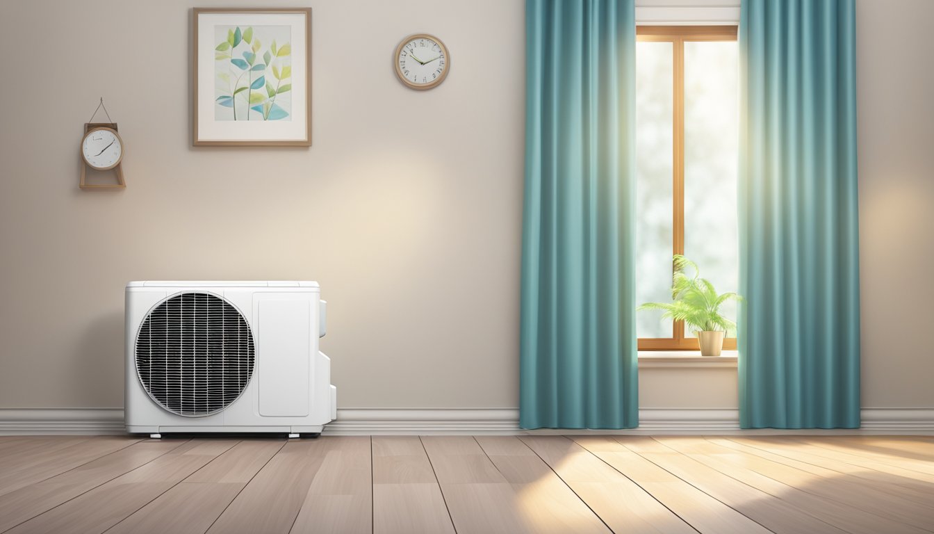 A bright, modern air conditioner unit stands prominently in a spacious, well-lit room with a "Best Aircon Deals" sign displayed prominently nearby