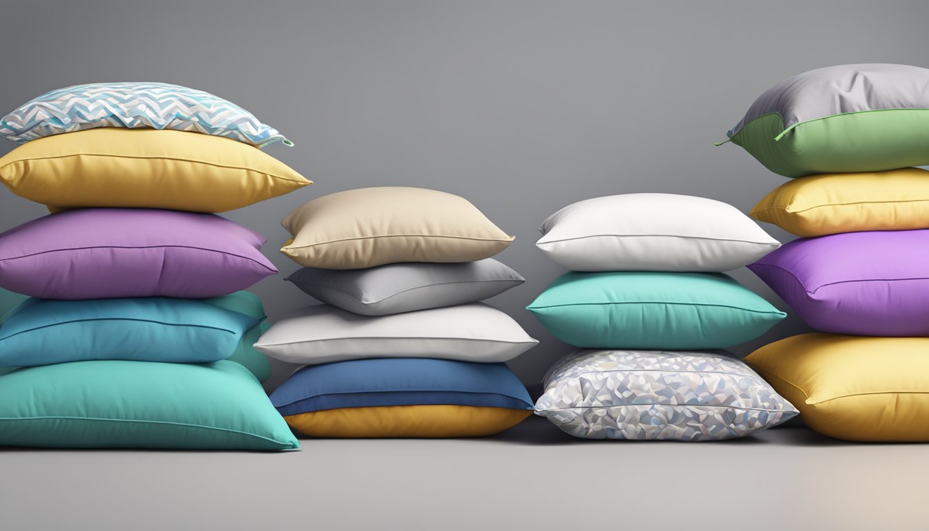 A stack of pillows labeled with different sizes, surrounded by question marks
