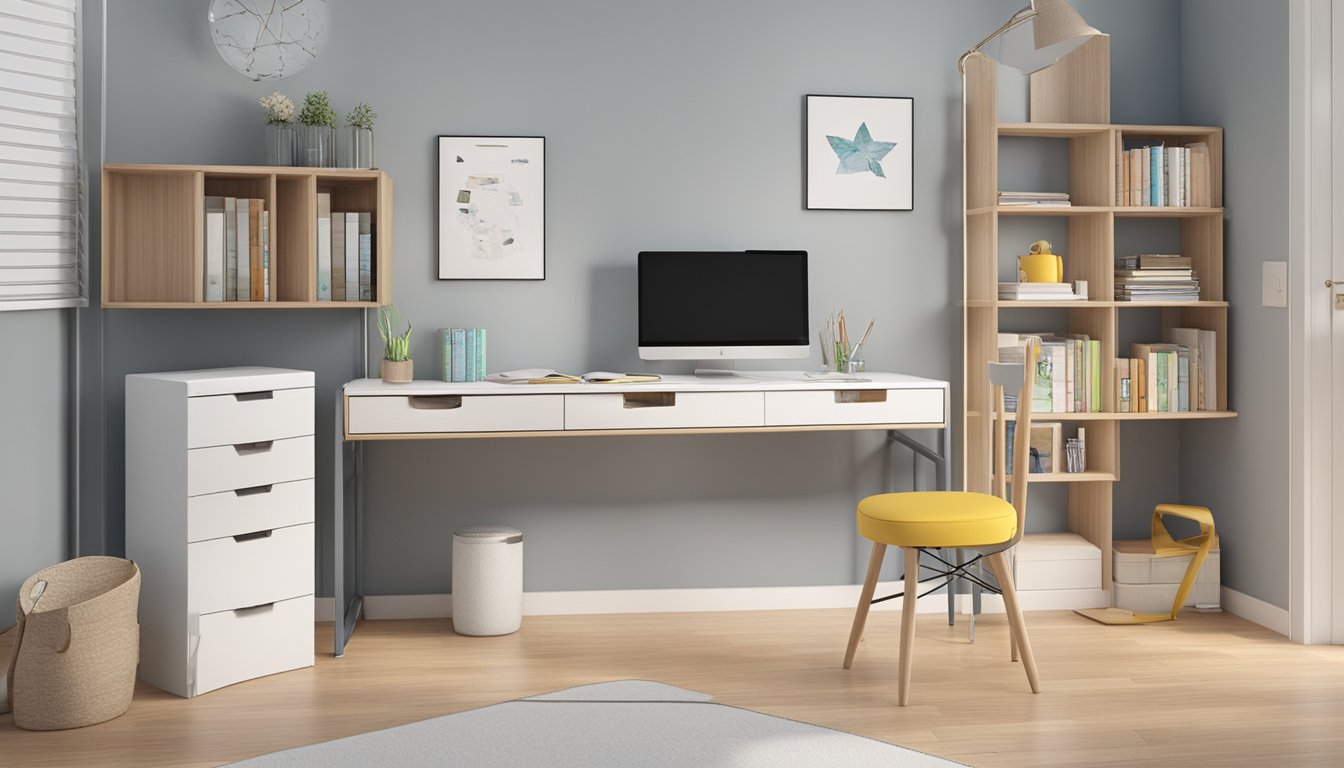 A study table with drawers sits against a wall, featuring a sleek design and sturdy construction. The drawers are easily accessible and provide ample storage space for books, stationery, and other study materials
