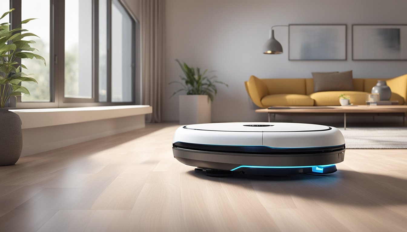 A Europace vacuum robot glides across a clean, modern living room floor, efficiently picking up dirt and debris. The sleek, futuristic design of the robot is highlighted as it navigates effortlessly around furniture