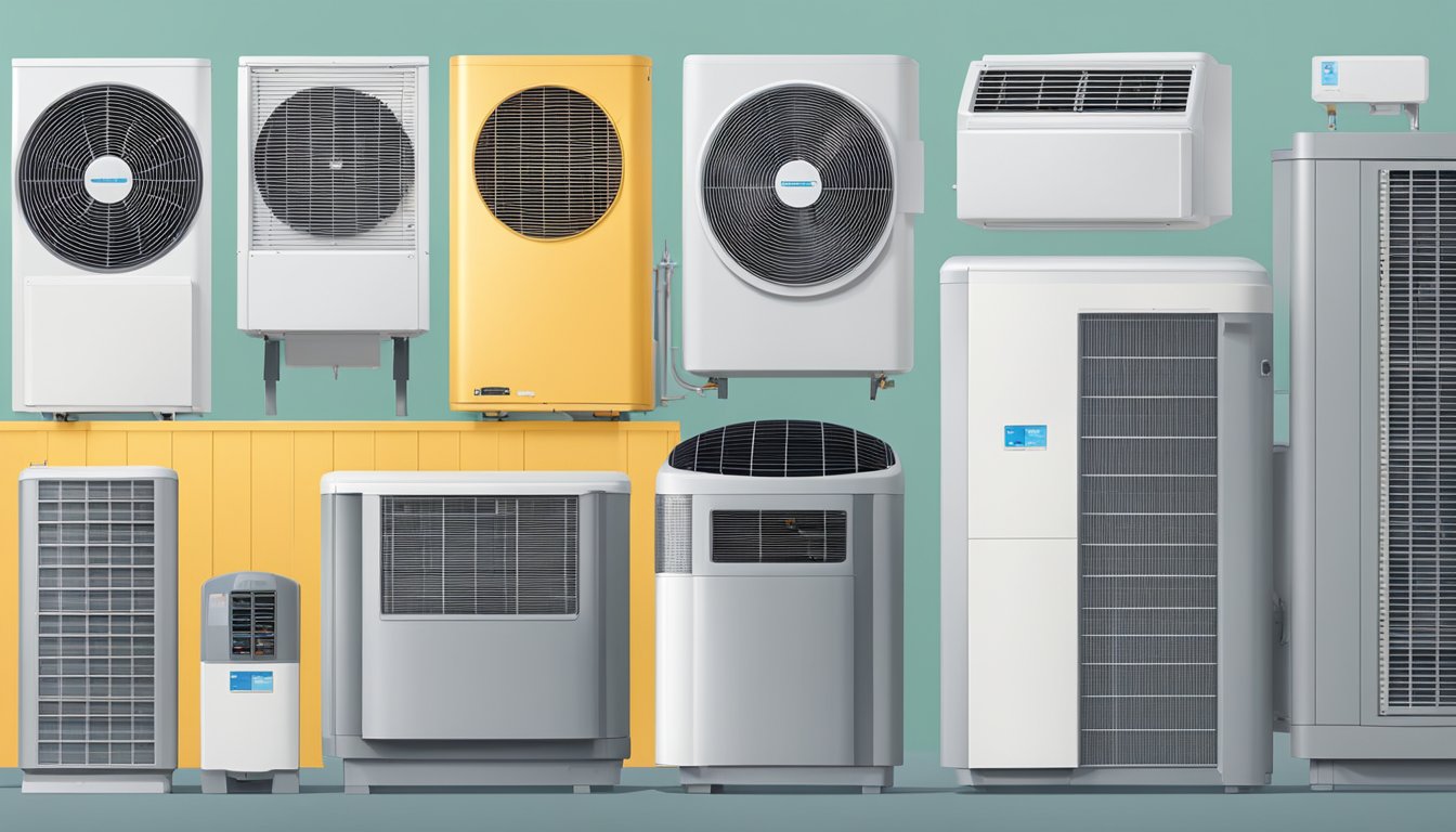 A variety of air conditioning units displayed for sale, with different sizes, styles, and features to choose from