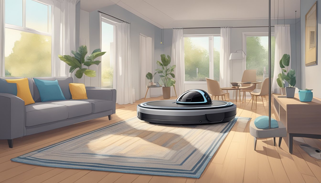 A europace vacuum robot cleans a living room, navigating around furniture and efficiently picking up dirt