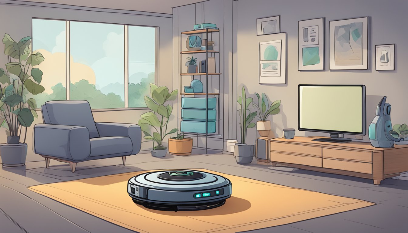 A vacuum robot stands in a modern living room, surrounded by furniture and electronics. A list of "Frequently Asked Questions" about the robot is displayed on a nearby screen