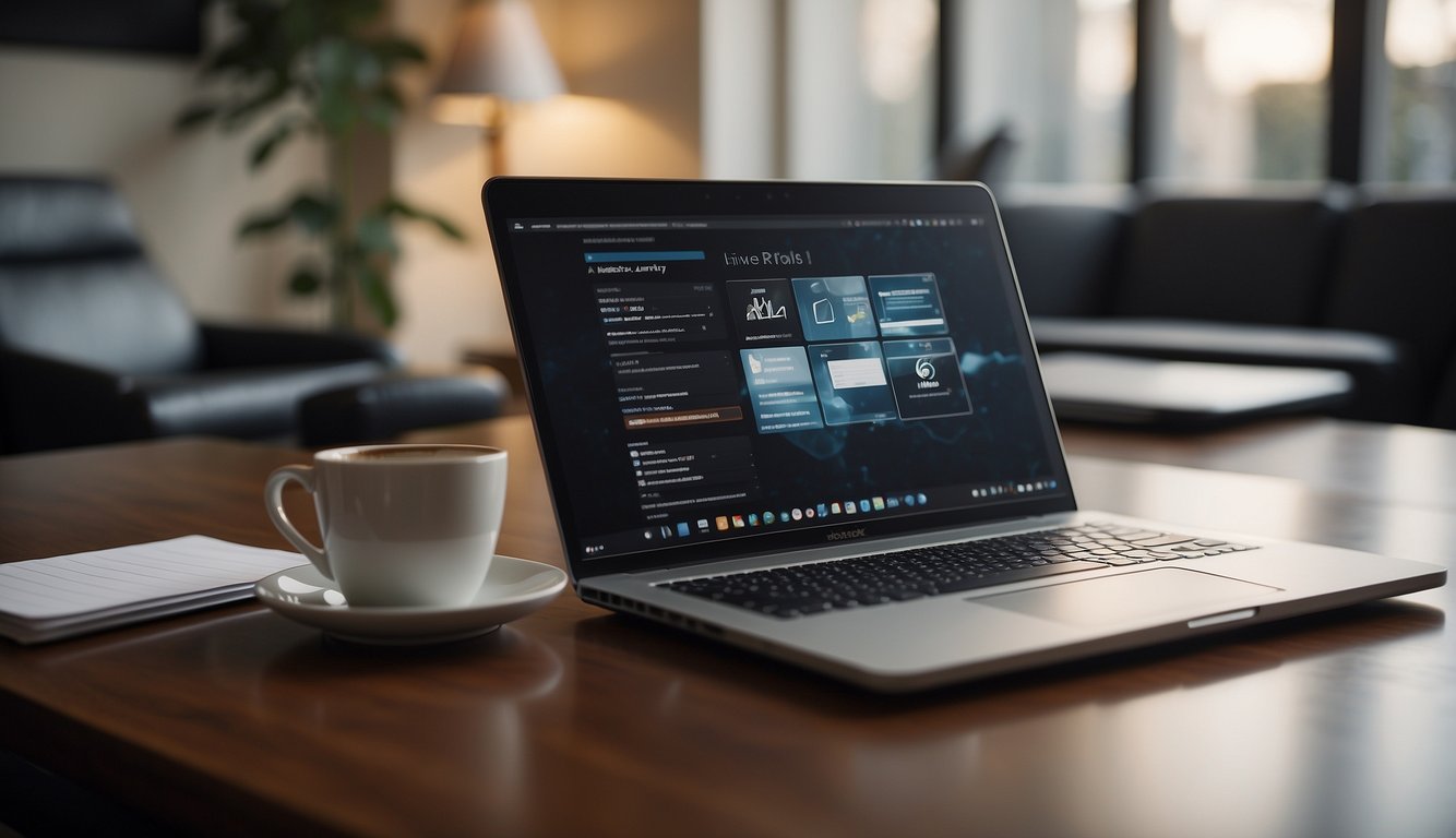 A laptop displaying a virtual meeting with a client, a cup of coffee, and a notepad with a pen on a desk