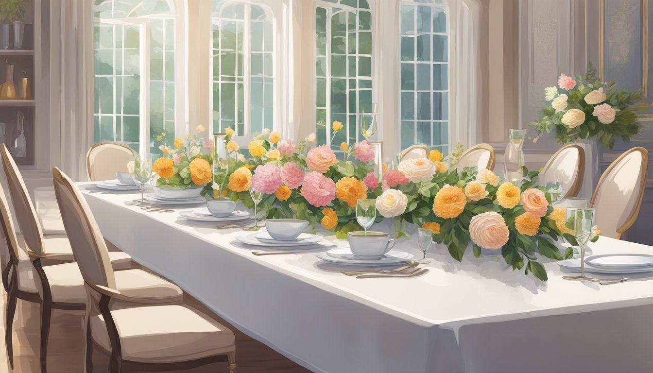 A long dining table is being polished and adorned with fresh flowers and elegant tableware. The surface gleams in the soft light, ready for a gathering