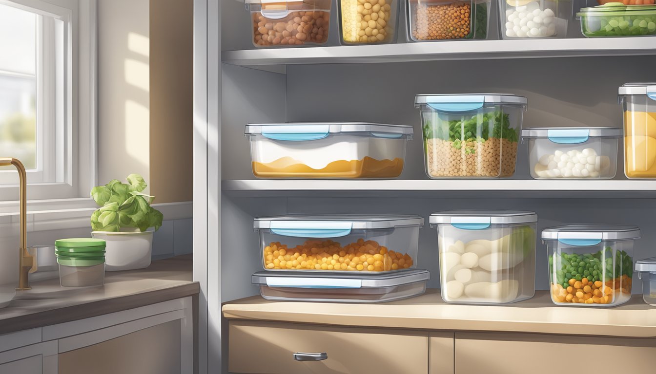 A stack of airtight food containers on a kitchen shelf. Labels indicate various contents. Light filters through a nearby window