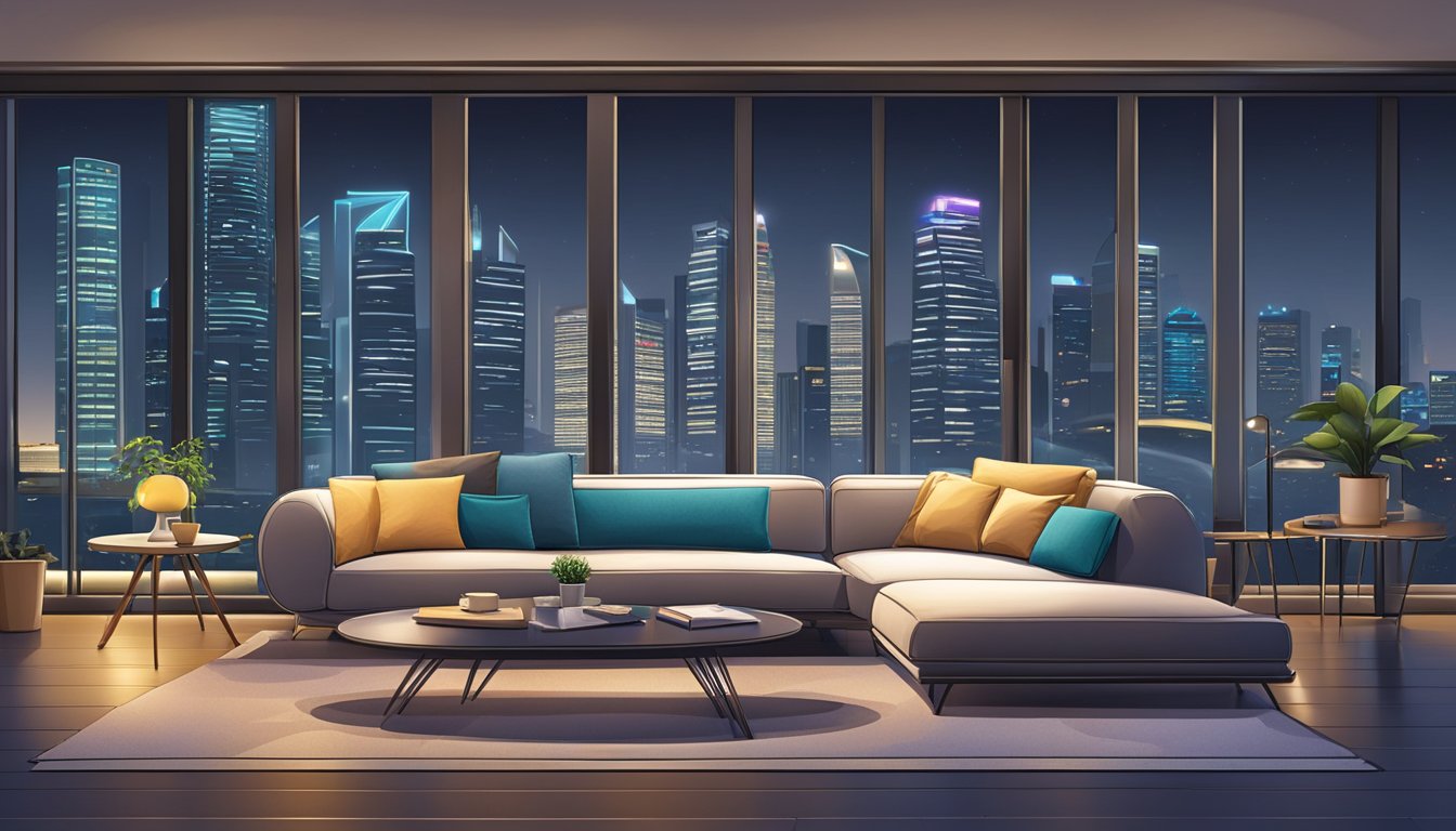 A sleek sofa chair in a modern living room, set against a backdrop of a bustling Singapore cityscape at night