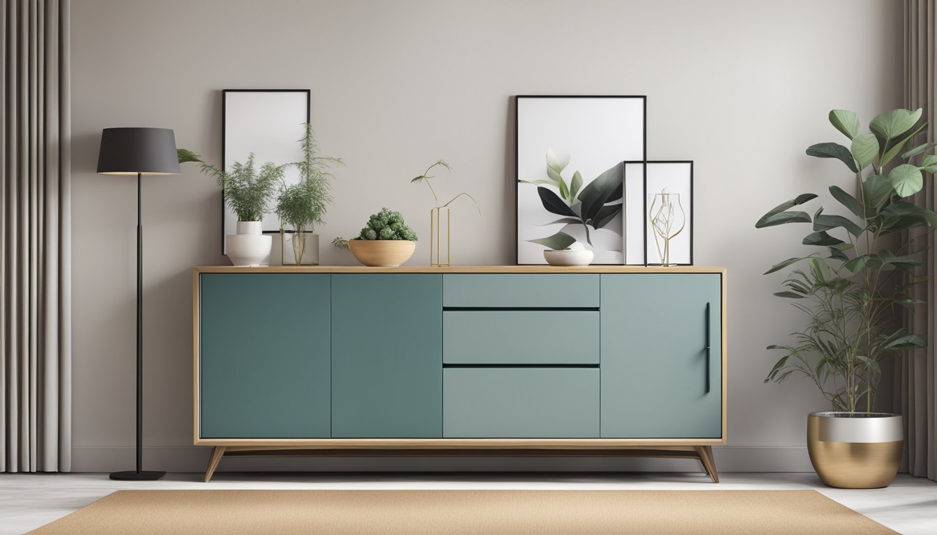 A sleek, modern sideboard and buffet set against a minimalist backdrop, showcasing its elegant design and maximizing storage space