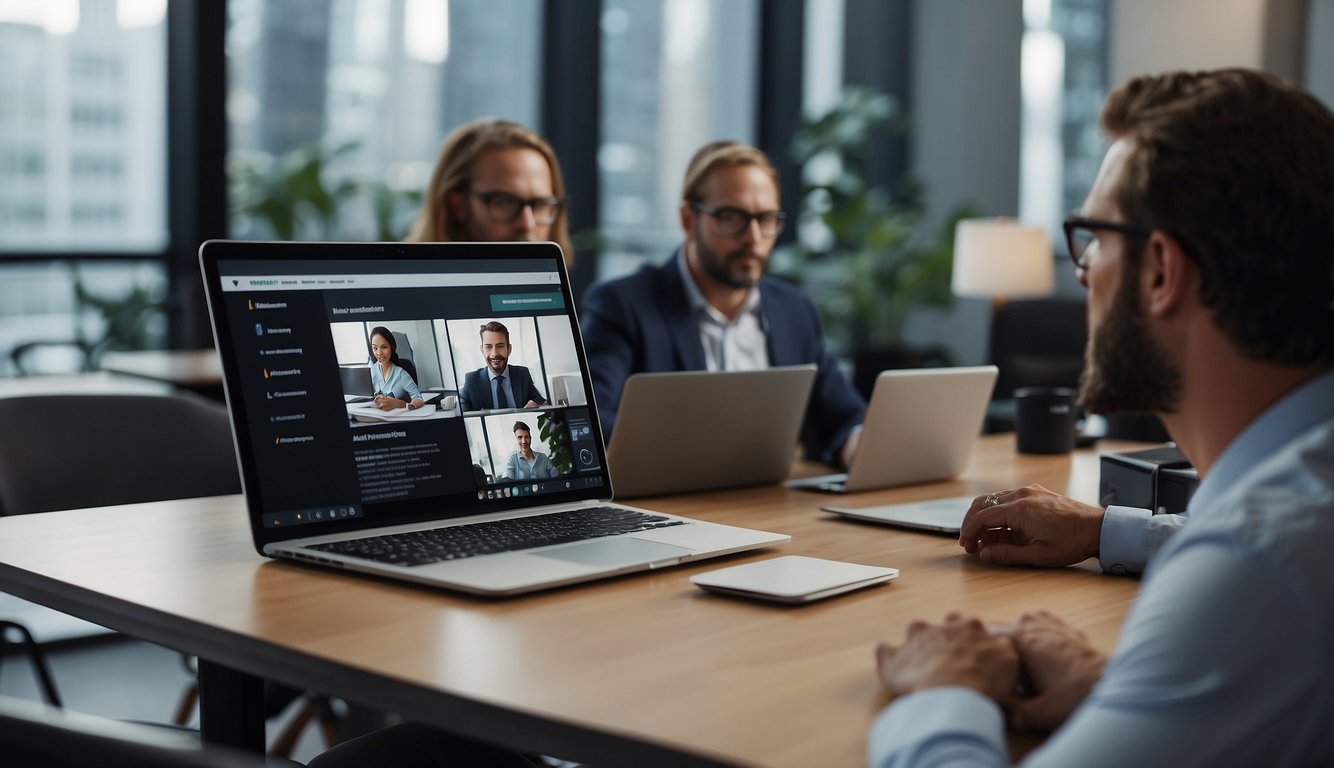 A laptop displaying a virtual meeting with two people engaged in conversation, with a backdrop of a professional office setting