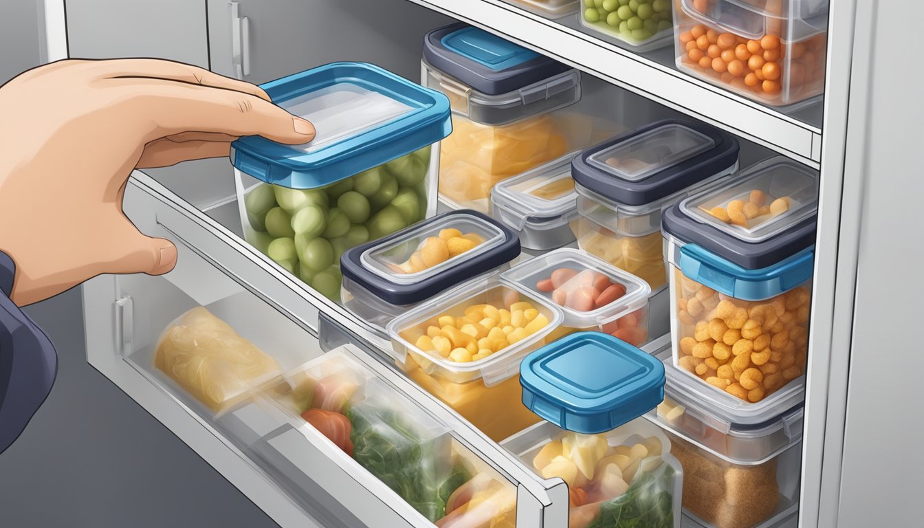 A person opening a cupboard filled with a variety of airtight food containers, reaching for one with a clear label and a secure locking mechanism