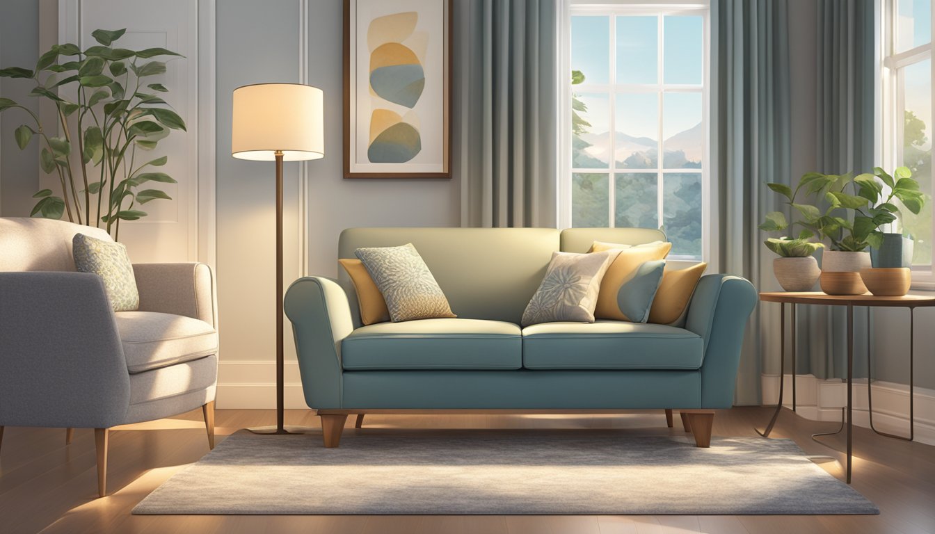 A cozy sofa chair sits in a well-lit living room, surrounded by elegant decor and soft, inviting textures