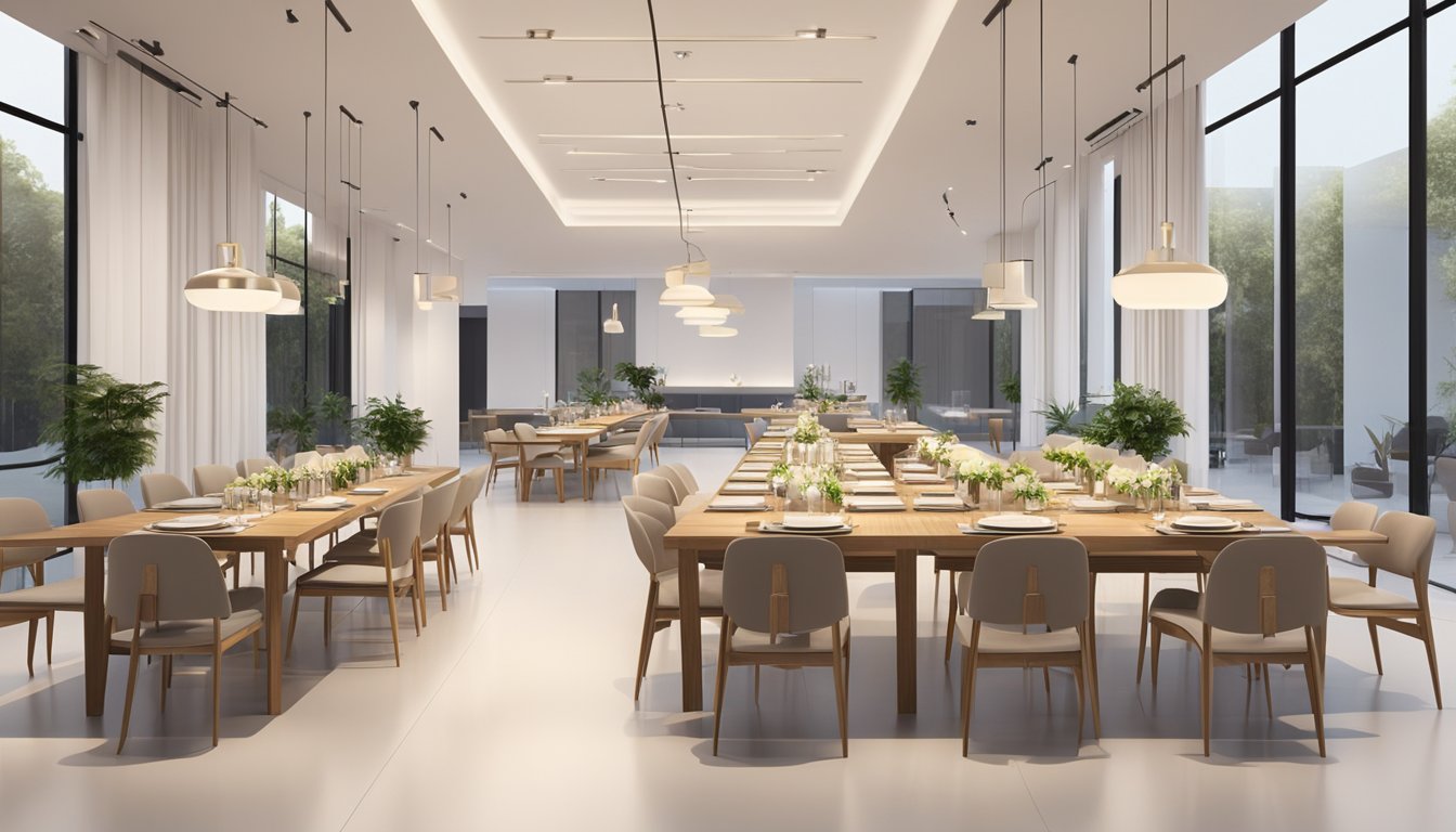 Long dining tables arranged in a spacious showroom, with various styles and sizes on display. Bright lighting and minimalistic decor create a modern and inviting atmosphere