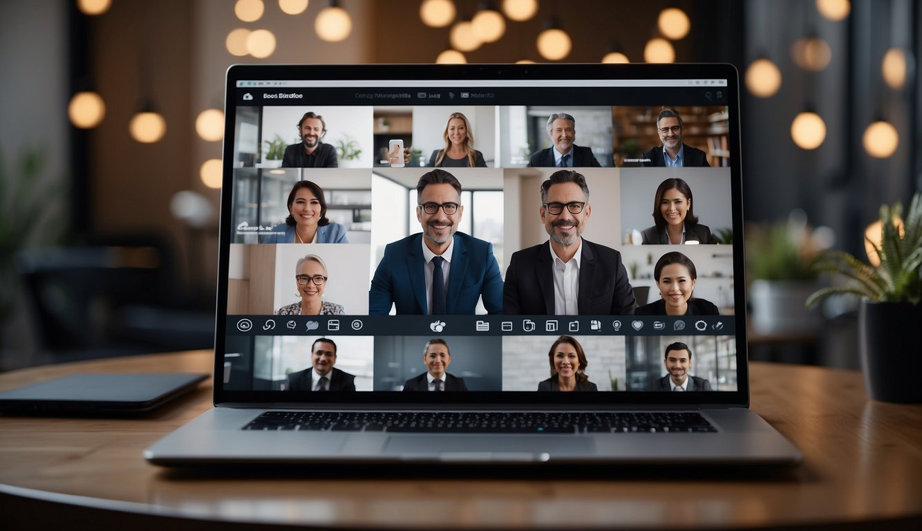 A laptop displaying a virtual meeting with a client, surrounded by icons of communication tools such as emails, chat messages, and video calls