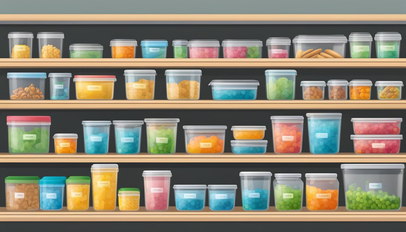 Airtight food containers neatly organized on shelves, with labels indicating contents and expiration dates