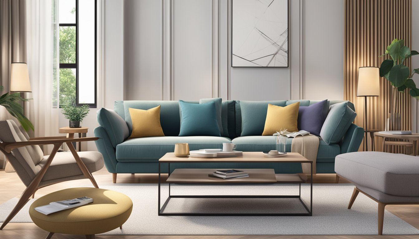 A modern sofa and chair set in a cozy living room, with a sleek design and comfortable cushions, located in Singapore