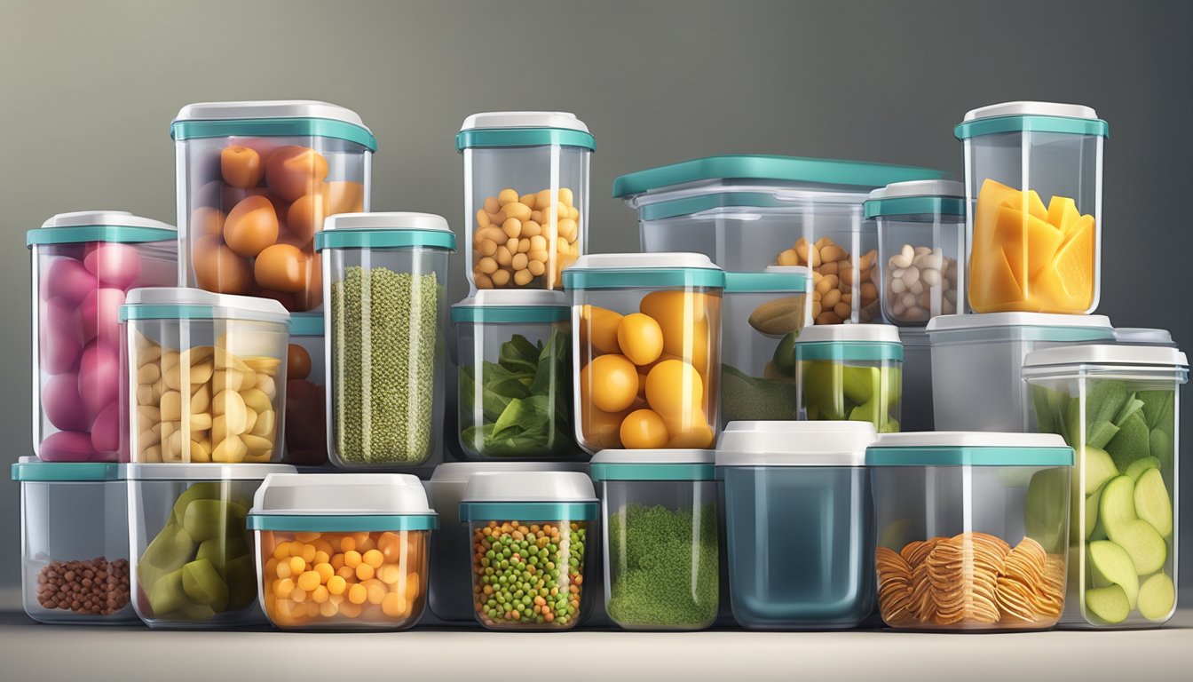 Airtight food containers arranged neatly on a kitchen counter, with various sizes and shapes stacked or nested within each other