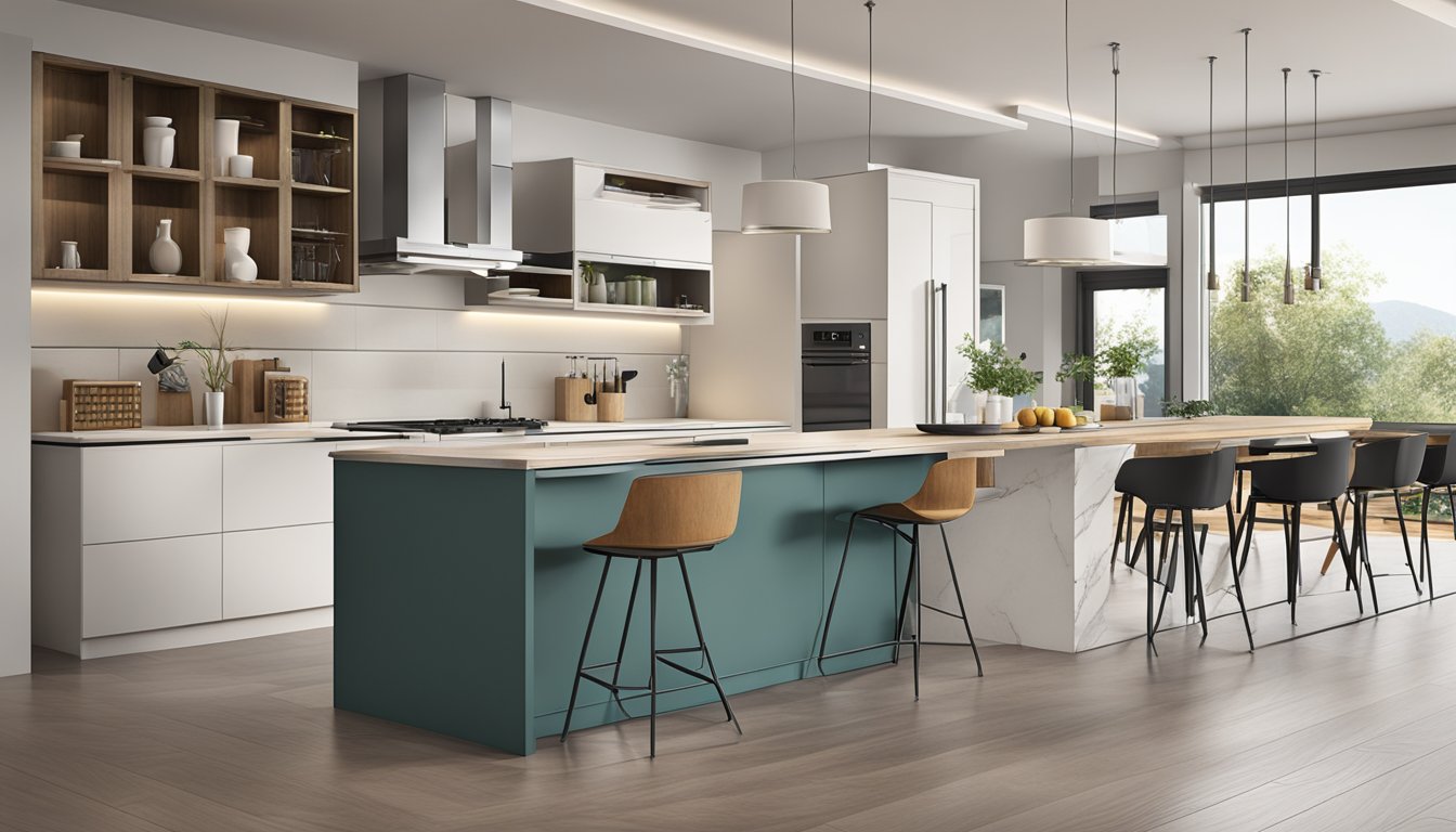 A spacious kitchen with versatile layout, combining modern aesthetics and functional design