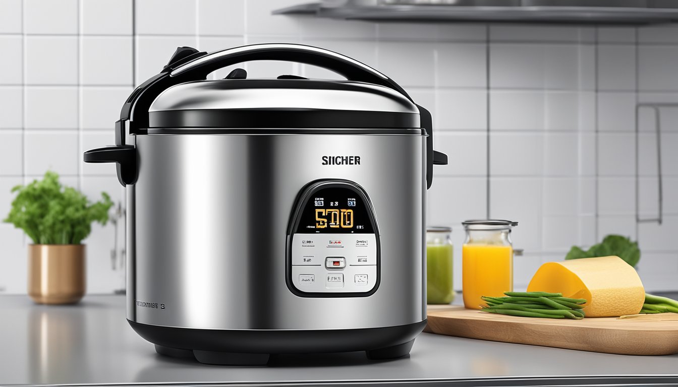 A stainless steel rice cooker sits on a modern kitchen countertop in Singapore. The cooker's sleek design and reflective surface catch the light, creating an elegant and functional kitchen scene