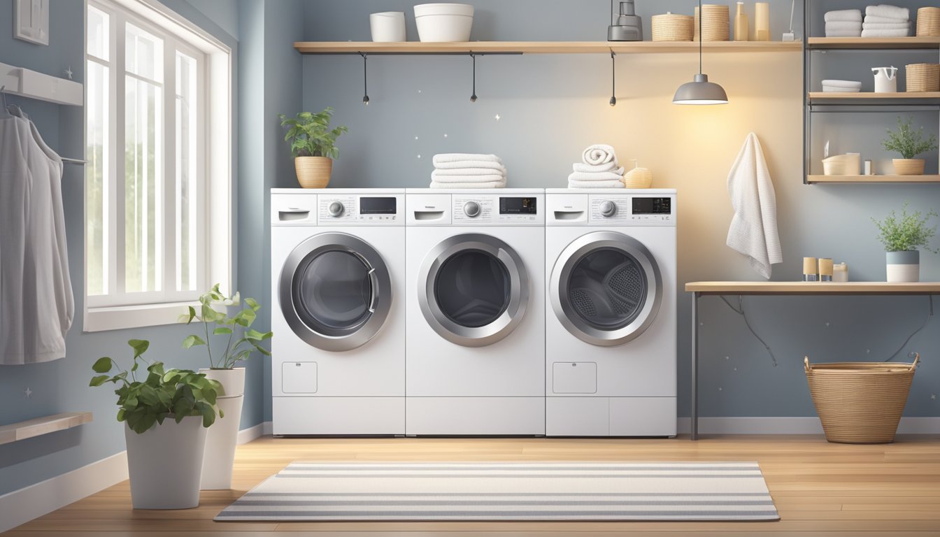 A washing machine sits in a clean, modern laundry room. Review stars and positive comments float around it, indicating its high ratings and customer satisfaction