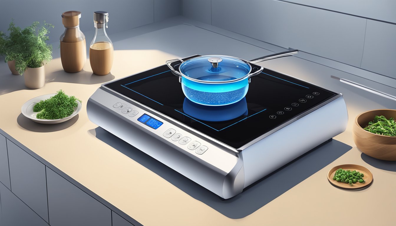 A Toyomi induction cooker sits on a clean, modern kitchen countertop. The sleek black surface is illuminated by the blue LED display, and a pot of water bubbles on the burner