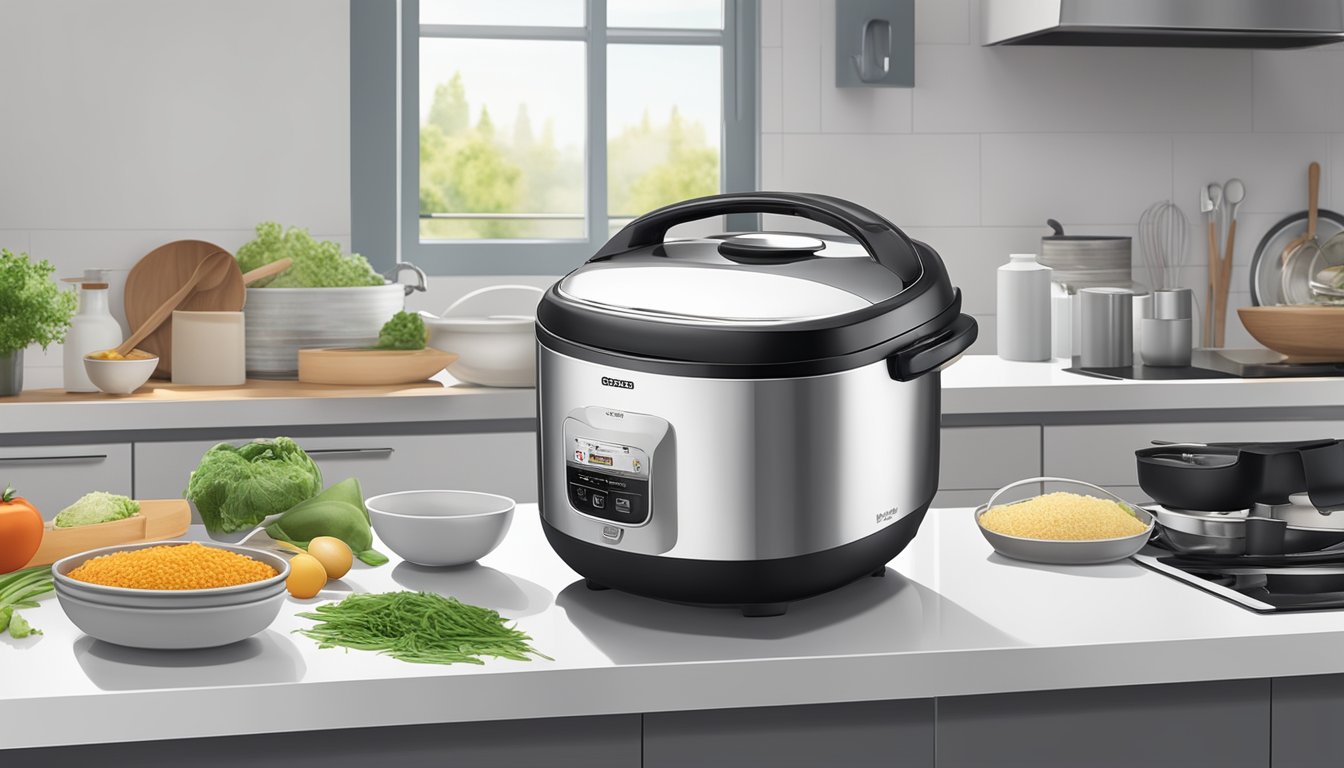 A sleek stainless steel rice cooker sits on a modern kitchen countertop in Singapore, surrounded by various cooking utensils and ingredients