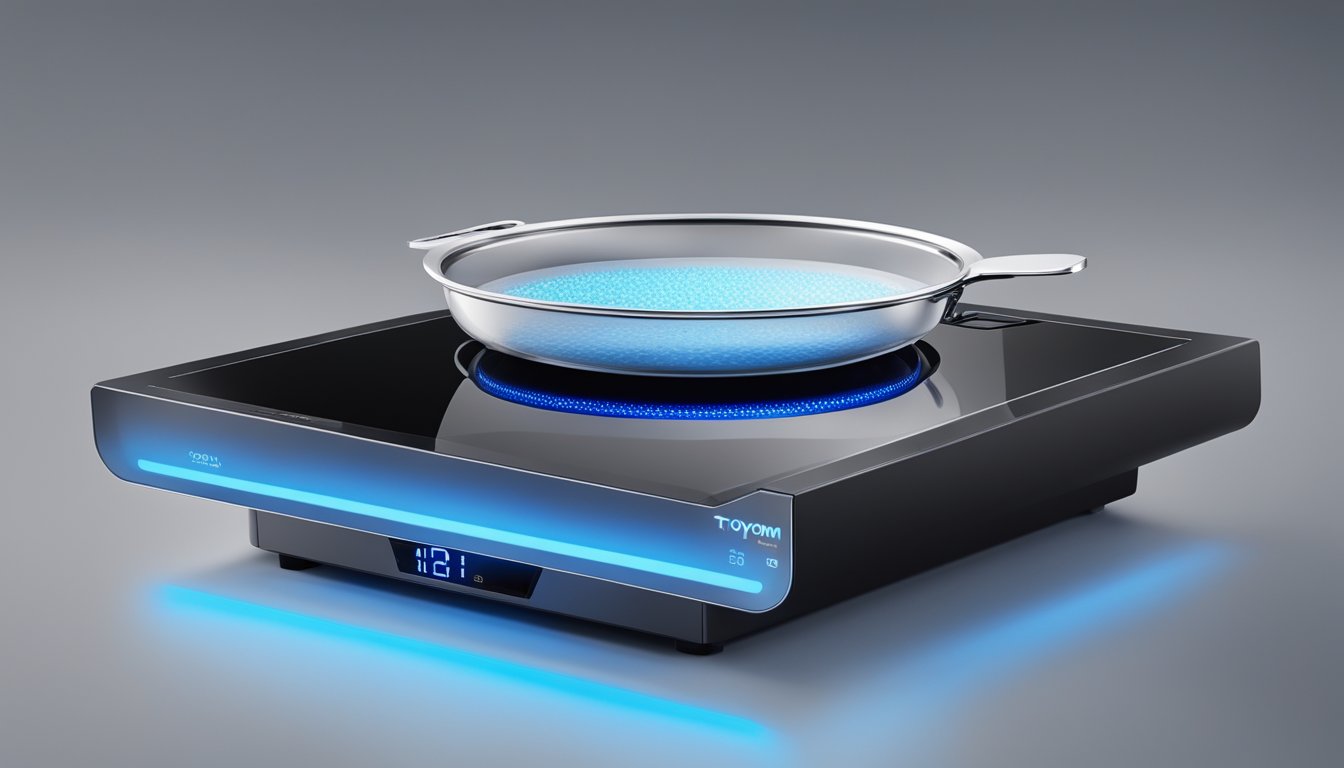 A Toyomi induction cooker sits on a sleek, black countertop, with touch controls and a digital display. A pot of water bubbles on the surface, emitting a soft blue glow