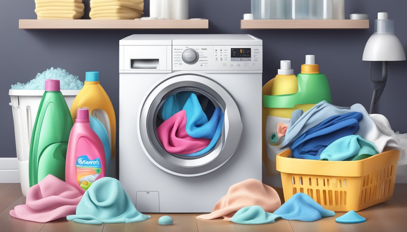 A washing machine with multiple buttons and settings, surrounded by laundry detergent, fabric softener, and a pile of dirty clothes