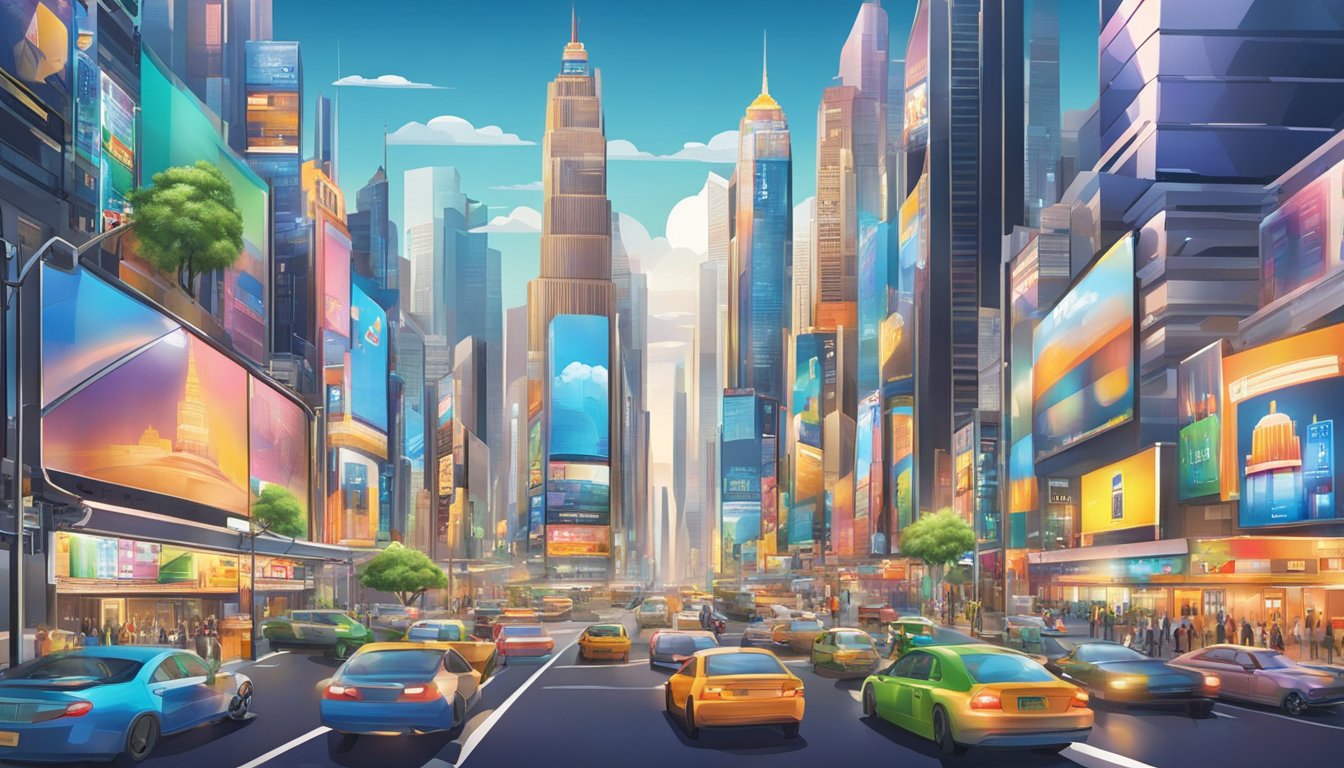 A bustling city skyline with skyscrapers and billboards, showcasing vibrant and eye-catching advertisements. The scene exudes a sense of creativity and innovation