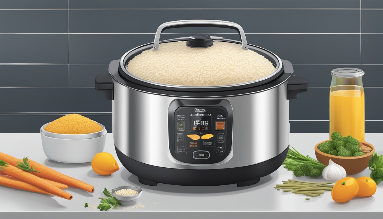 A stainless steel rice cooker sits on a modern kitchen countertop, surrounded by an array of fresh ingredients and spices, showcasing the versatility of cooking beyond rice