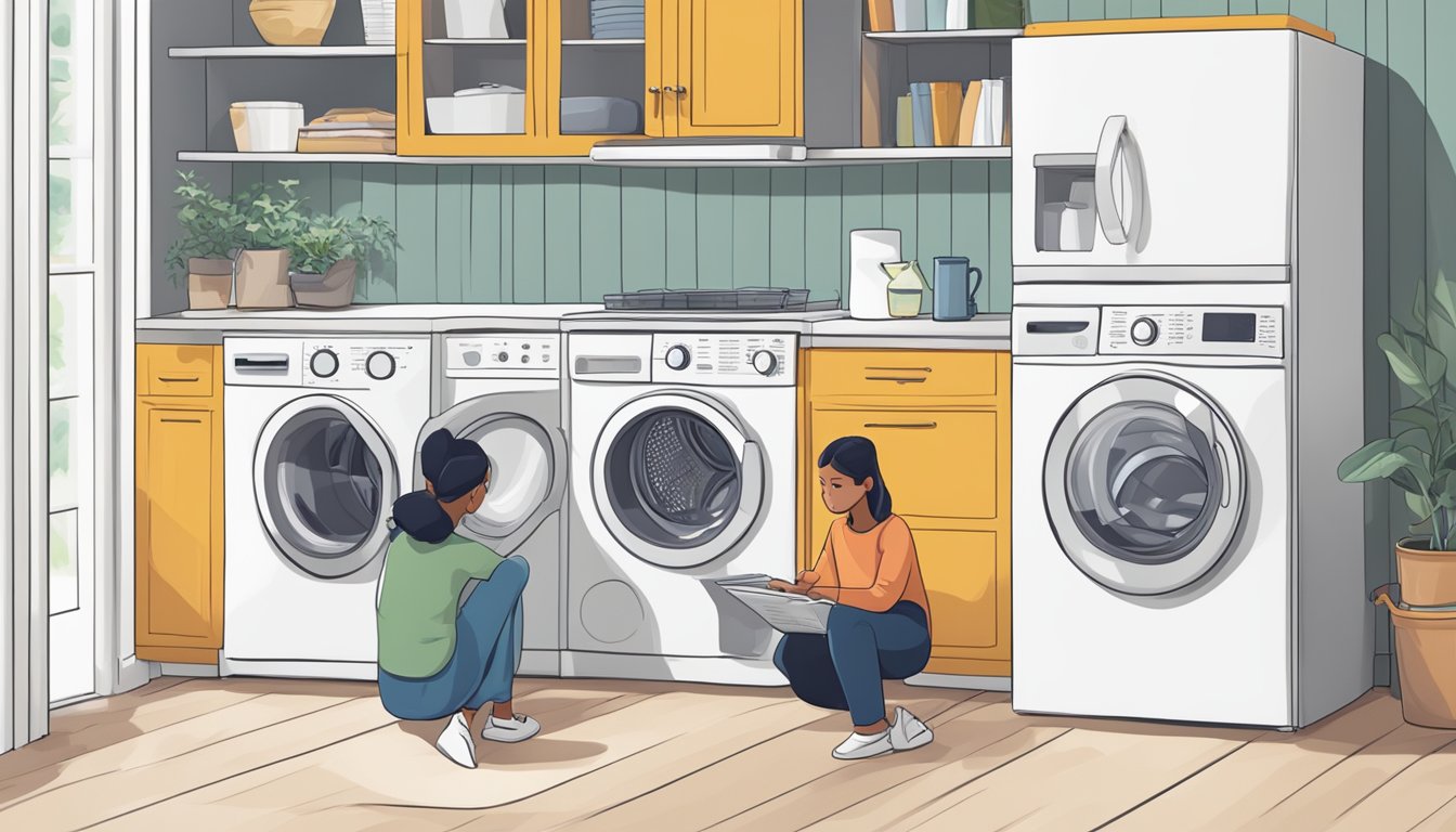 A person reading and comparing washing machine reviews online to select the right one for their home