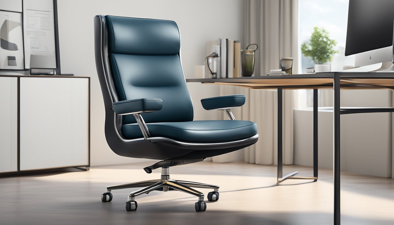 A leather office chair in a modern Singapore workspace. The chair is sleek and comfortable, with adjustable features and a polished metal base