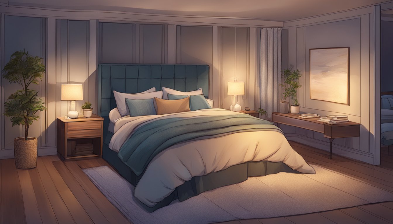 A cozy bedroom with a body pillow propped up against the headboard, surrounded by soft blankets and dim lighting