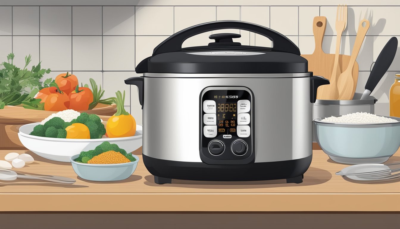 A stainless steel rice cooker sits on a kitchen countertop, surrounded by various cooking utensils and ingredients. The cooker's digital display shows the cooking time and temperature settings